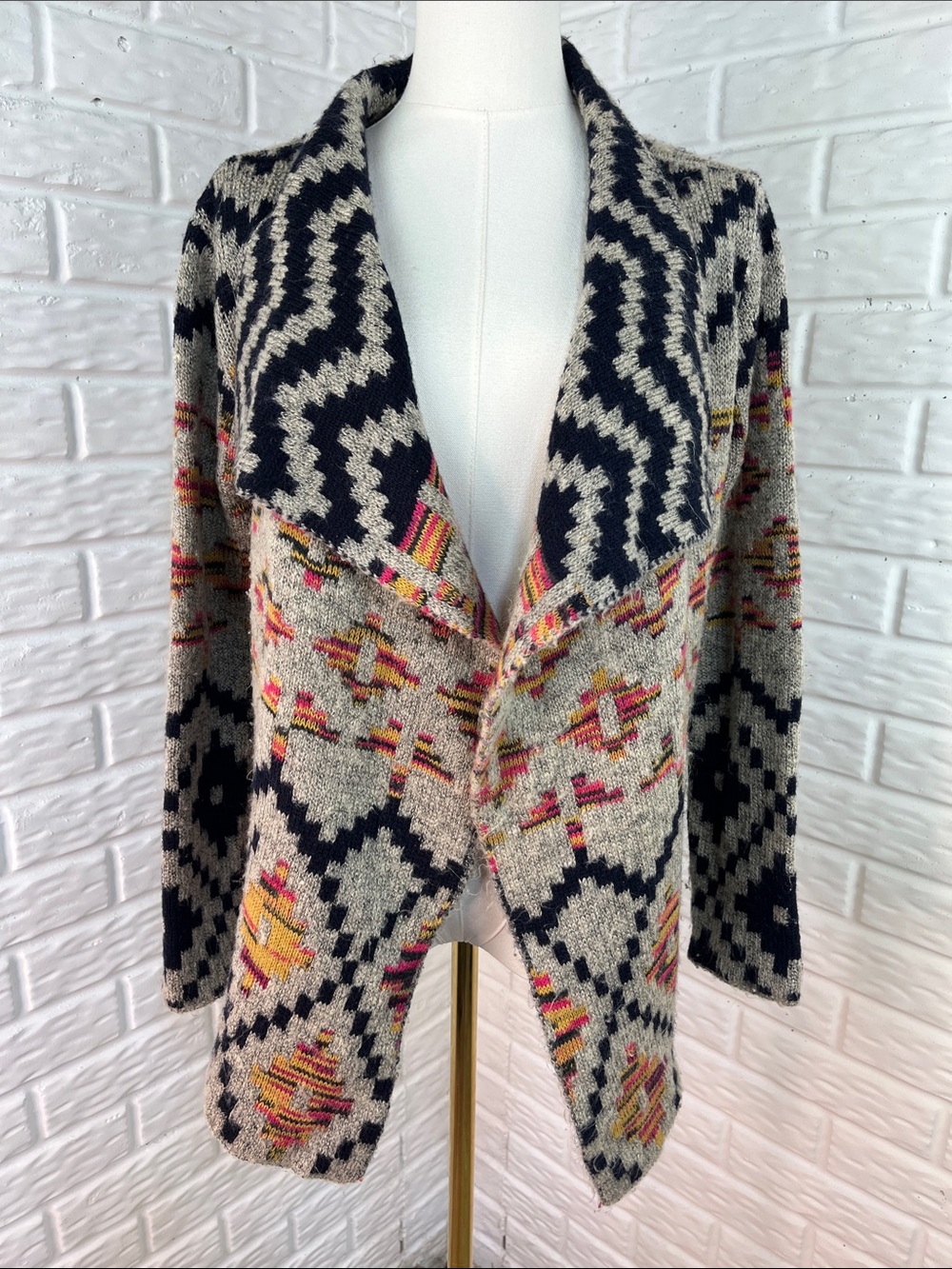 JOHN FASHION AZTEC CARDIGAN SWEATER OPENFRONT BLUE GRAY SZ SM